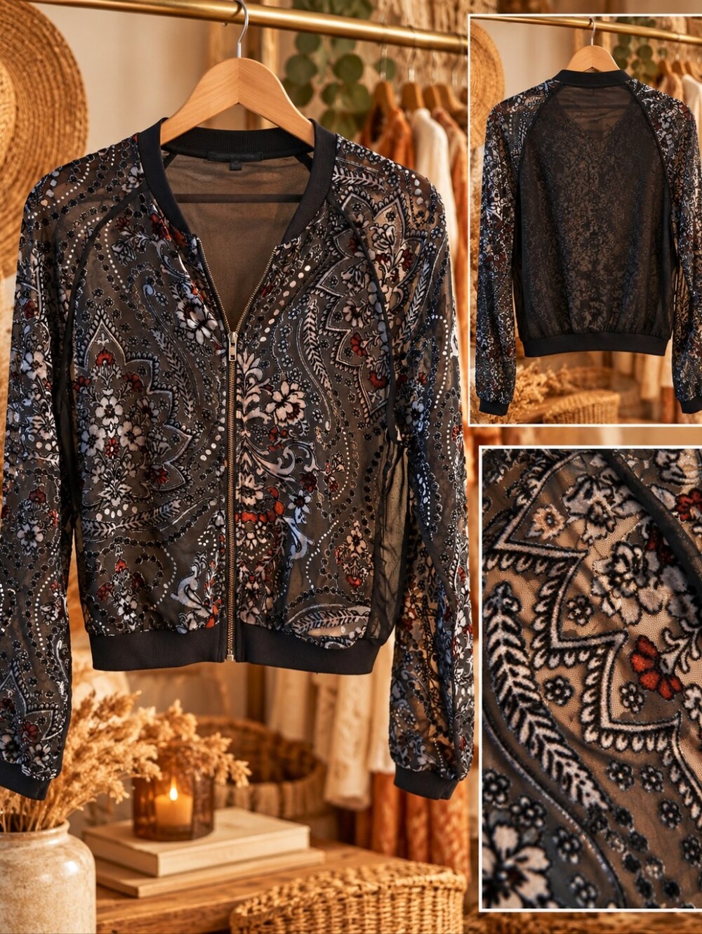 Jealous Tomato Sheer Paisley Bomber Jacket Size M Boho Floral Zip Up